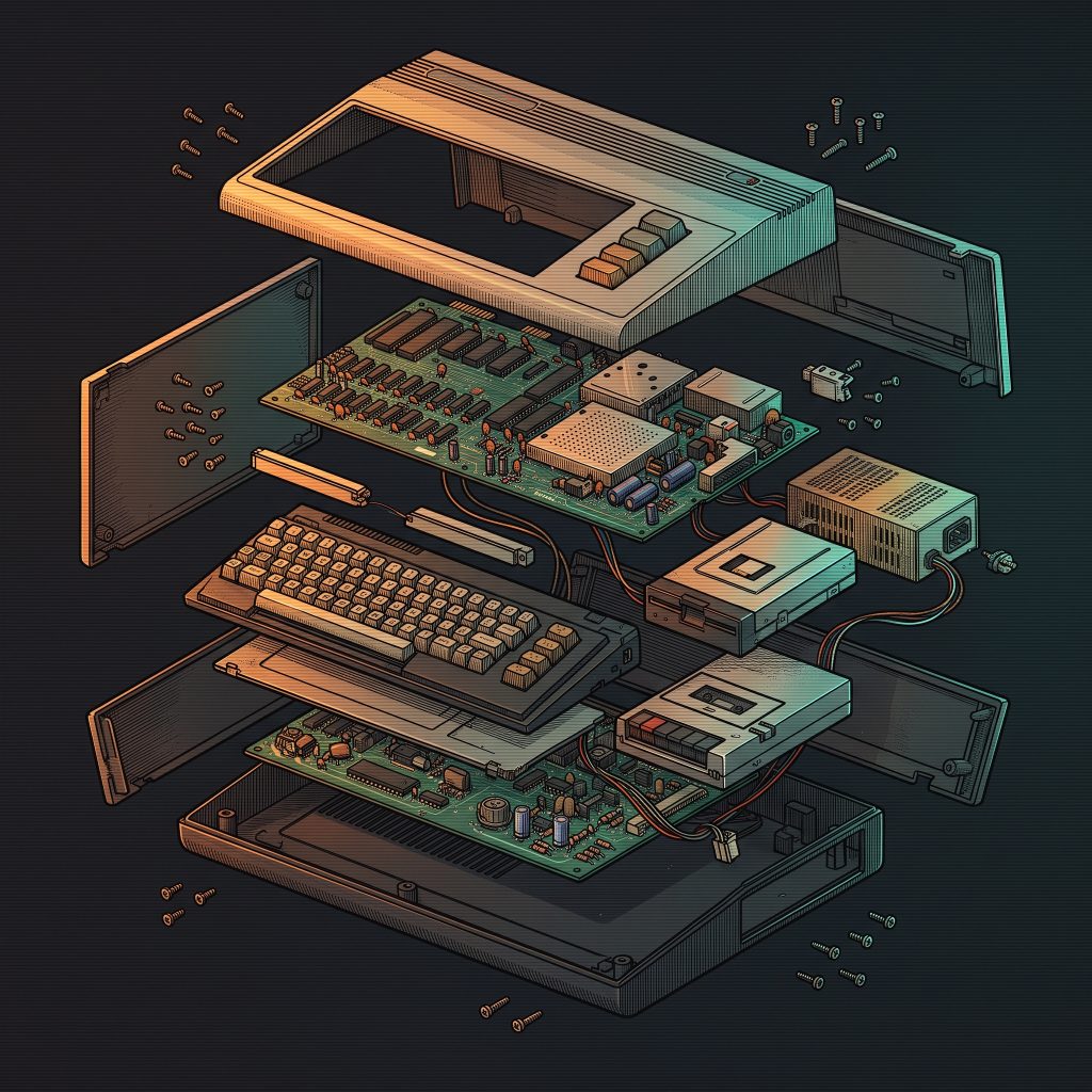 Illustrazione in vista esplosa di un computer vintage smontato: scocca, tastiera, circuiti, alimentatore e lettore floppy separati e sospesi