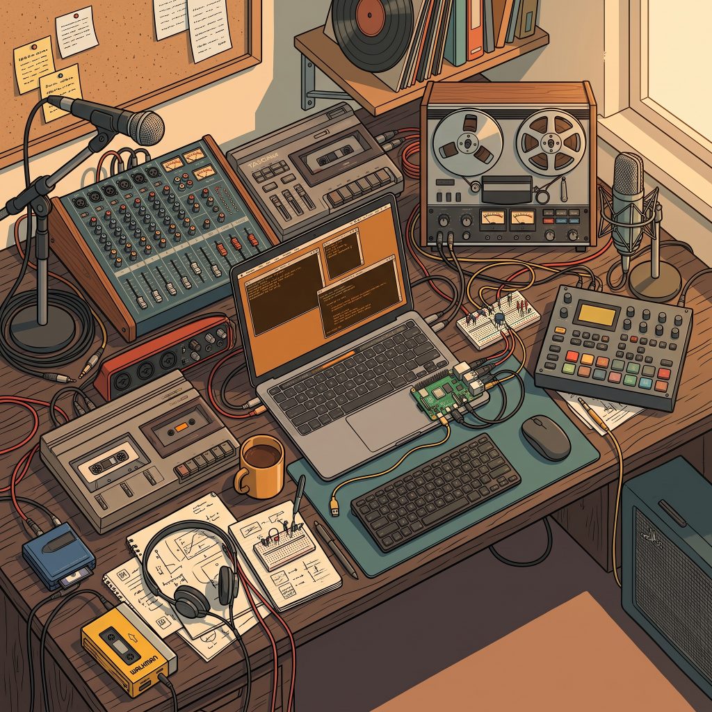 Illustrazione di una scrivania piena di strumenti musicali vintage e hardware informatico: mixer, registratore a bobine, laptop con terminale, Raspberry Pi, walkman e minidisc